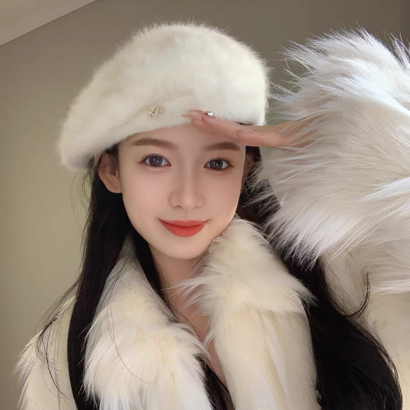 【白色兔毛】贝雷帽女2025新款秋冬时尚洋气高级感显脸小毛绒帽子