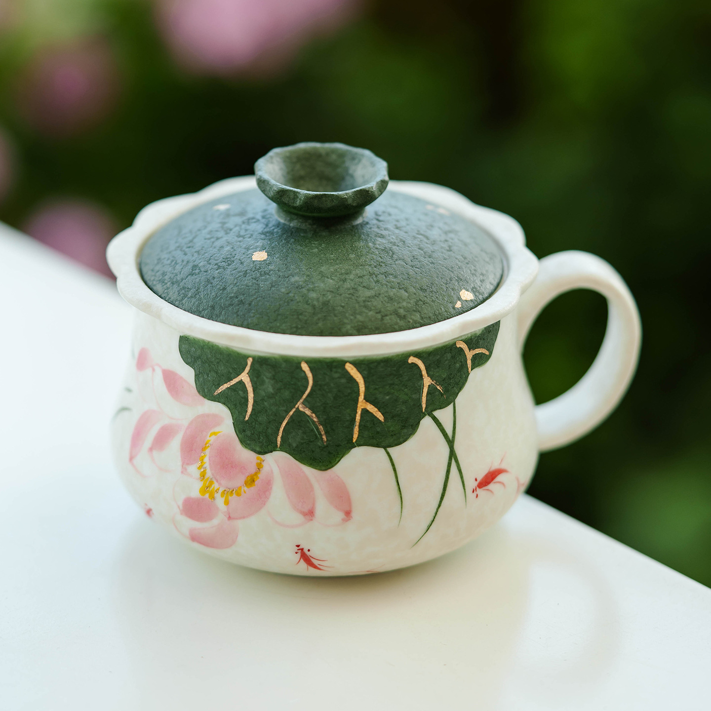 复古洒金手绘锦鲤戏荷喝茶杯子陶瓷马克杯办公室泡茶杯茶水分离杯