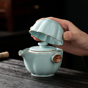 汝窑快客杯一壶一杯单个人专用手抓泡茶壶茶杯便携式 旅行茶具套装