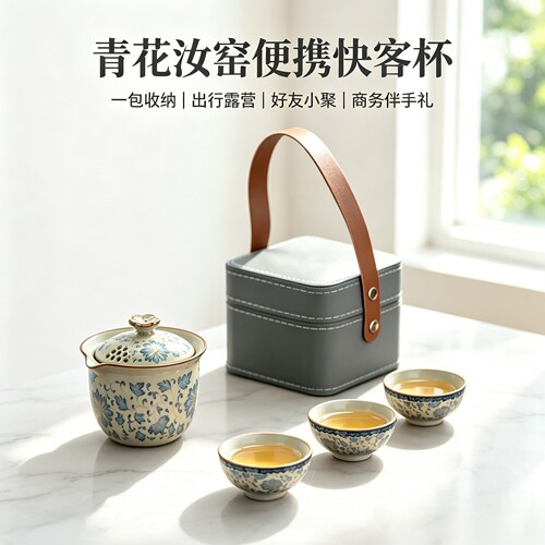 汝窑开片青花满彩便携茶具套装