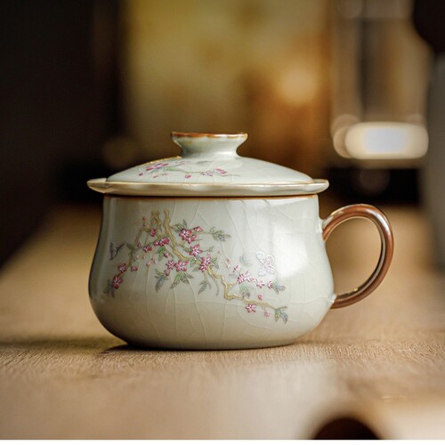 汝窑粉桃迎春带盖过滤茶咖杯