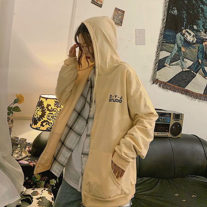 设计感小众奶油杏色定制卫衣女潮ins2020新款春秋开衫拉链薄外套