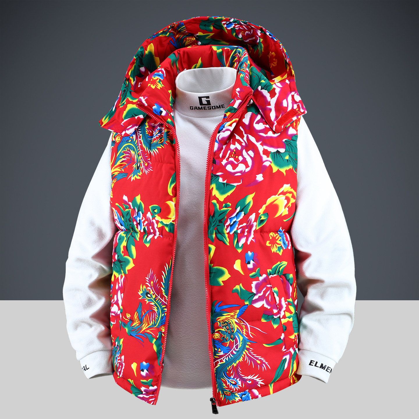 东北大花红马甲男连帽冬季加厚保暖背心棉服外套复古中国风棉坎肩,男装,常规马甲,淘宝优惠券,粉丝福利购,淘宝优惠卷