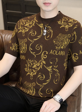 高级感短袖毛衣男秋冬时尚潮牌提花针织半袖男款半高领线衣打底衫