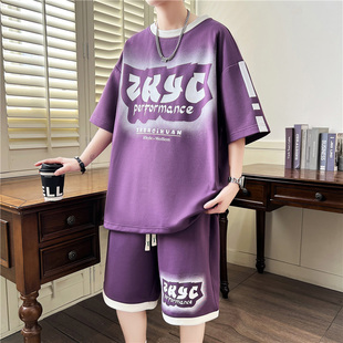 休闲套装 t恤男装 紫色短袖 男潮夏季 一套搭配帅气青少年穿搭一整套