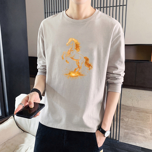 男士t恤长袖夏季纯棉宽松打底衫薄款秋衣男款上衣体恤马图案衣服