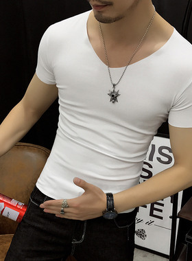 无痕短袖t恤男夏季莫代尔v领打底衫纯棉半袖紧身内衬白色百搭上衣