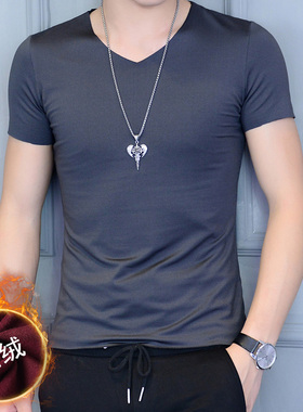 无痕加绒短袖男t恤冬季双面绒紧身保暖内衣男式半袖青年V领打底衫