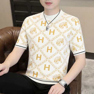 短袖毛衣男款秋冬时尚潮流网红提花针织半袖打底衫男士半高领线衣