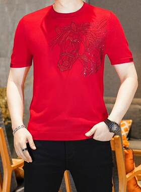 2026本命年男装冬季红色短袖毛衣马年衣服男款加厚针织衫半袖上衣