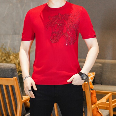 本命年红色男修身短袖烫钻马毛衣