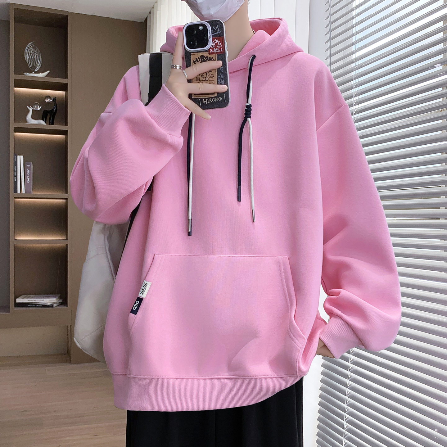 粉色连帽卫衣男秋冬套头潮牌长袖