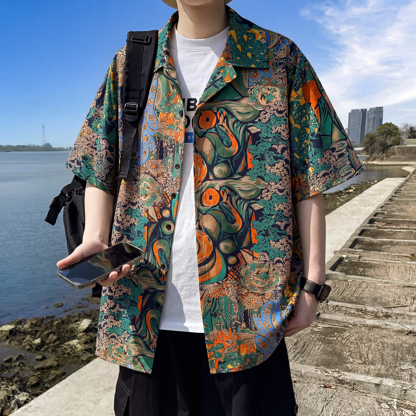 泰国港风古巴领夏威夷短袖花衬衫男夏季冰丝速干度假潮男穿搭衬衣