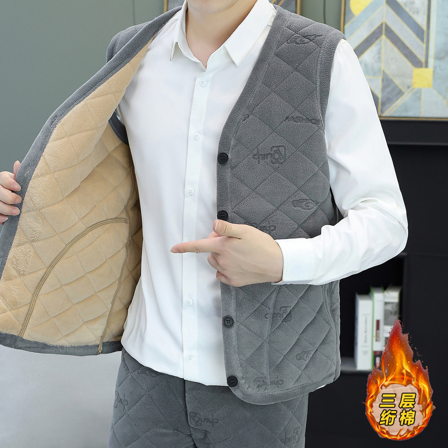 加绒加厚保暖马甲男三层冬季外套