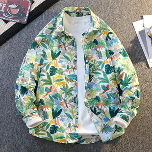 夏威夷风印花衬衫男长袖纯棉宽松休闲度假沙滩衬衣薄款透气外套潮