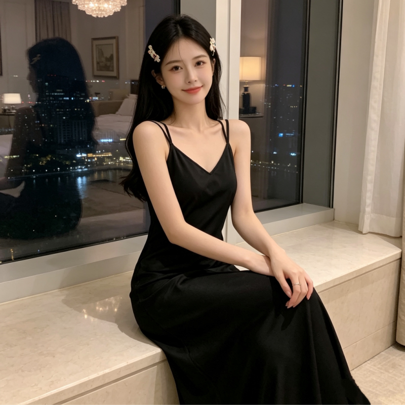 冰丝交叉露背深V带胸垫长款睡裙