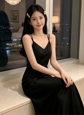 冰丝交叉露背深V带胸垫长款睡裙