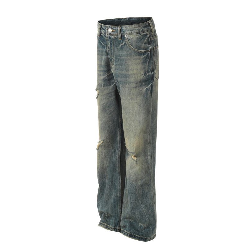 DC+FX037美式复古水洗做旧破洞牛仔裤男宽松直筒潮牌垂感vibe微喇