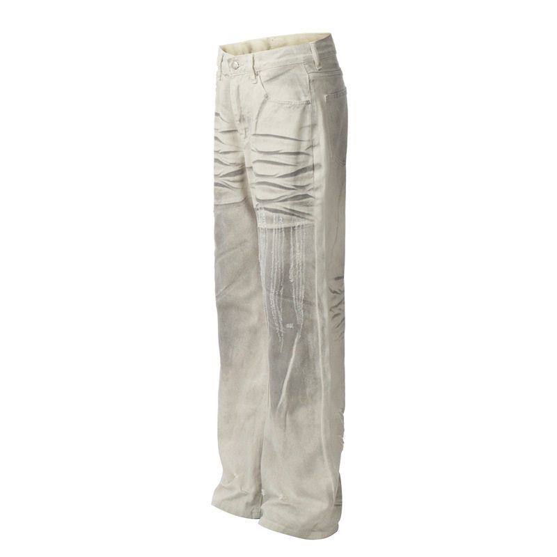 DC+G6452美式复古小众直筒脏染白色牛仔裤男痞帅高级感做旧磨破裤