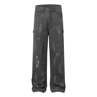 K2505美式高街复古男女款破洞手工泼墨设计男式宽松休闲工装裤