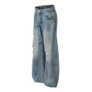 DC+G6662美式高级感裂纹水洗脏旧牛仔裤男女cleanfit显瘦破洞裤子