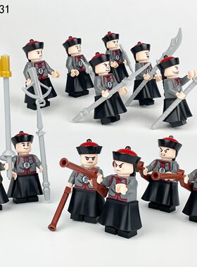 清朝勇士兵人仔1631儿童拼装小颗粒积木玩具武器配件跨境