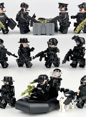 联邦特警M8113黑色人仔皮艇武器装备箱儿童积木玩具跨境