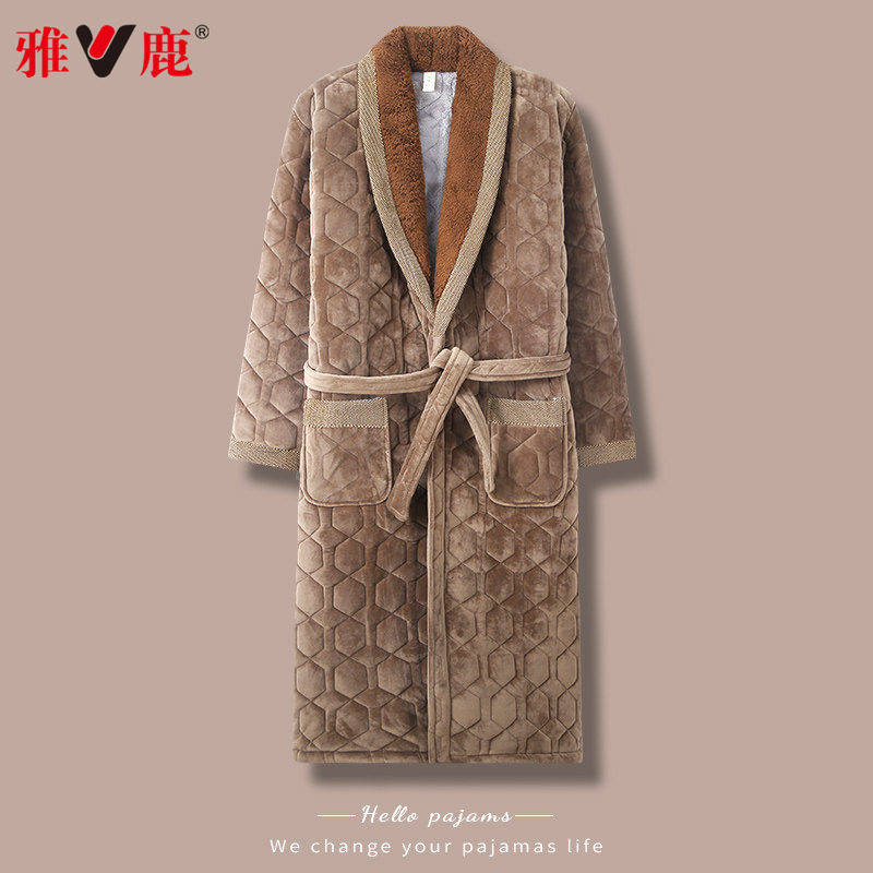 雅鹿睡袍男士冬季加厚加长款珊瑚绒夹棉加绒保暖冬天浴袍大码睡衣
