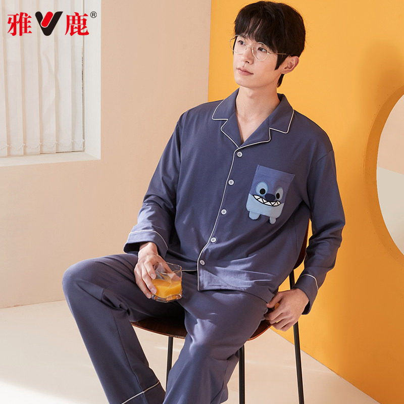 雅鹿睡衣男春秋季纯棉2026新款长袖大码男士可外穿宽松家居服套装