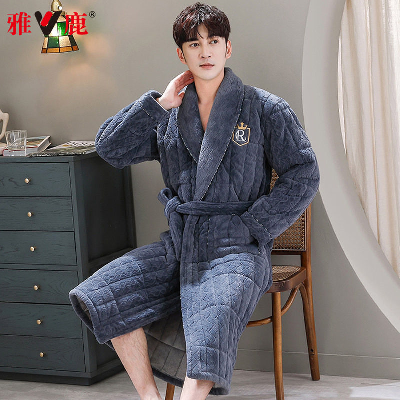 雅鹿睡袍男士睡衣冬季三层加厚加绒长款珊瑚绒夹棉袄浴袍秋冬保暖