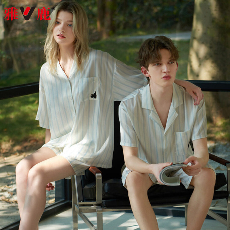 雅鹿情侣睡衣夏季冰丝薄款短袖女款2026年新款男士夏天家居服套装