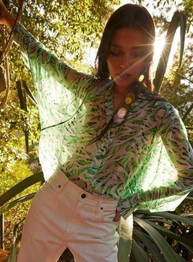 巴黎设计师EQ 女款 花卉/腰果印花翻领长袖薄款透视衬衫 合集