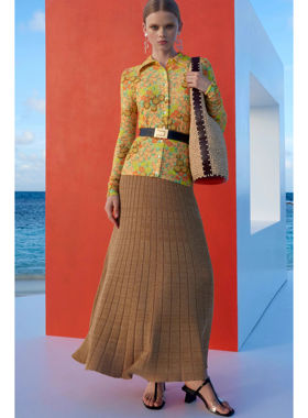 美系轻奢TB 女款 黄色 复古Blossom印花针织长袖衬衫