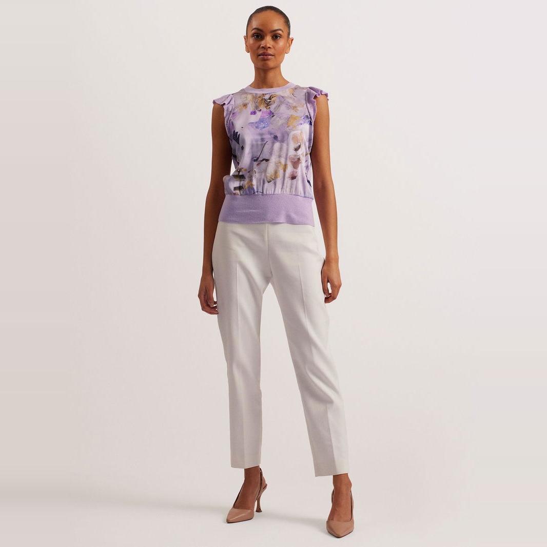 印花圆领荷叶边梭织无袖针织衫