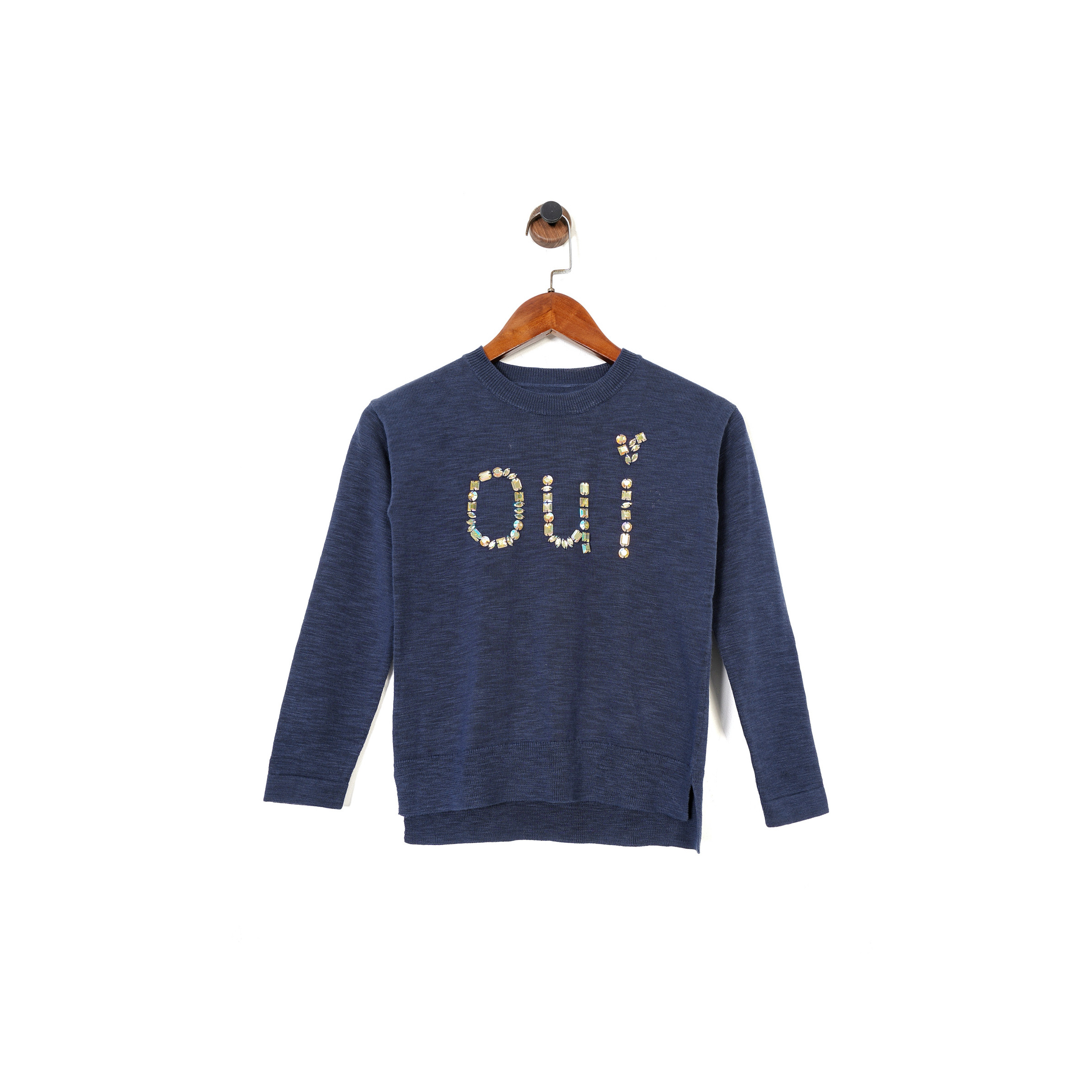 美系 女童 棉质 藏蓝色字母钉珠圆领长袖侧开叉针织衫,童装/婴儿装/亲子装,毛衣/针织衫,淘宝优惠券,粉丝福利购,淘宝优惠卷