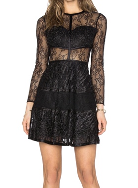 美系轻奢@lexis 女款 ADAL 782$ 黑色蕾丝透视长袖连衣裙 短裙