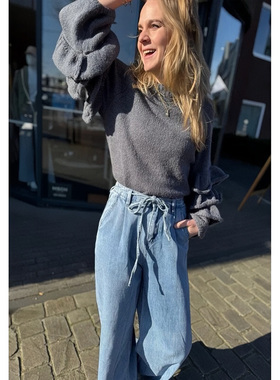 丹麦极简Y@S grizala灰色荷叶镶边圆领套头插肩袖针织衫毛衣