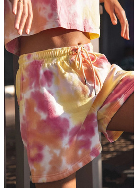 加州街头运动volc*m 女款 棉 粉黄扎染刺绣松紧腰抓绒直筒短裤
