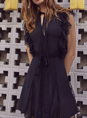 美系轻奢@lexis 女款 685$ 黑色 v领绑带蕾丝复古连衣裙