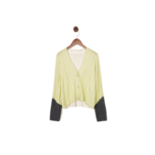 日杂风Syb1ll@ 两色 黄绿拼色罗纹V领针织开衫 女款 棉