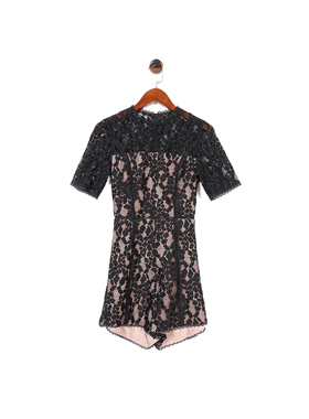 美系轻奢@lexis 女款 黑色蕾丝半透视短袖连体裤 短裤