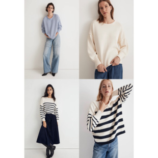 女款 套头针织衫 棉质 纯色卷边圆领落肩袖 多色 Conway条纹 美系M