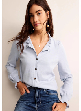 英伦b*den 女款 棉 法系红色木耳边领泡泡袖针织开衫 两色