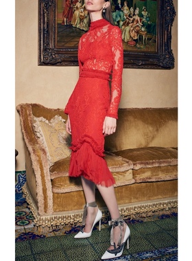 美系轻奢@lexis 女款 660$ 红色蕾丝镂空长袖连衣裙 礼服