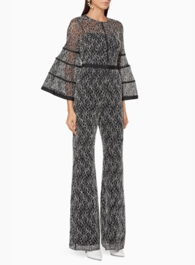 美系轻奢@lexis 女款 Jurnee 黑色蕾丝喇叭袖连身裤 长裤