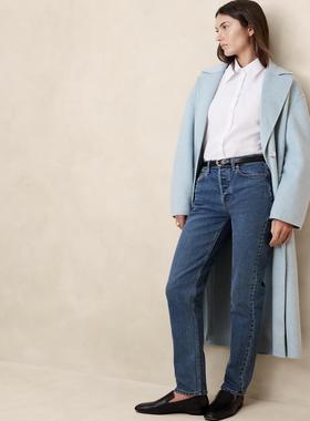 美系B/R 女款 棉质 蓝色水洗做旧钮扣门襟高腰直筒裤牛仔裤