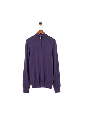 德系高端B家男款 100%羊毛深紫色半高拉链套头徽章长袖针织衫
