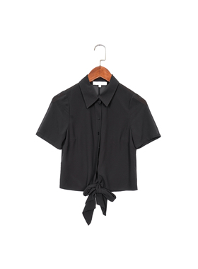 美系轻奢@lexis 女款 黑色 绑带打结短款短袖衬衫