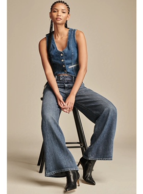 美系复古单宁LB女款 tailored深蓝色V领裁剪修身短款牛仔马甲