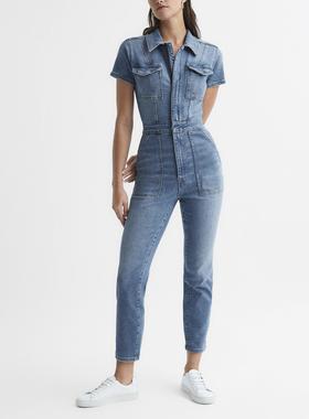 GA卡戴珊同款 Fit For Success 复古水洗蓝色工装连体牛仔裤长裤